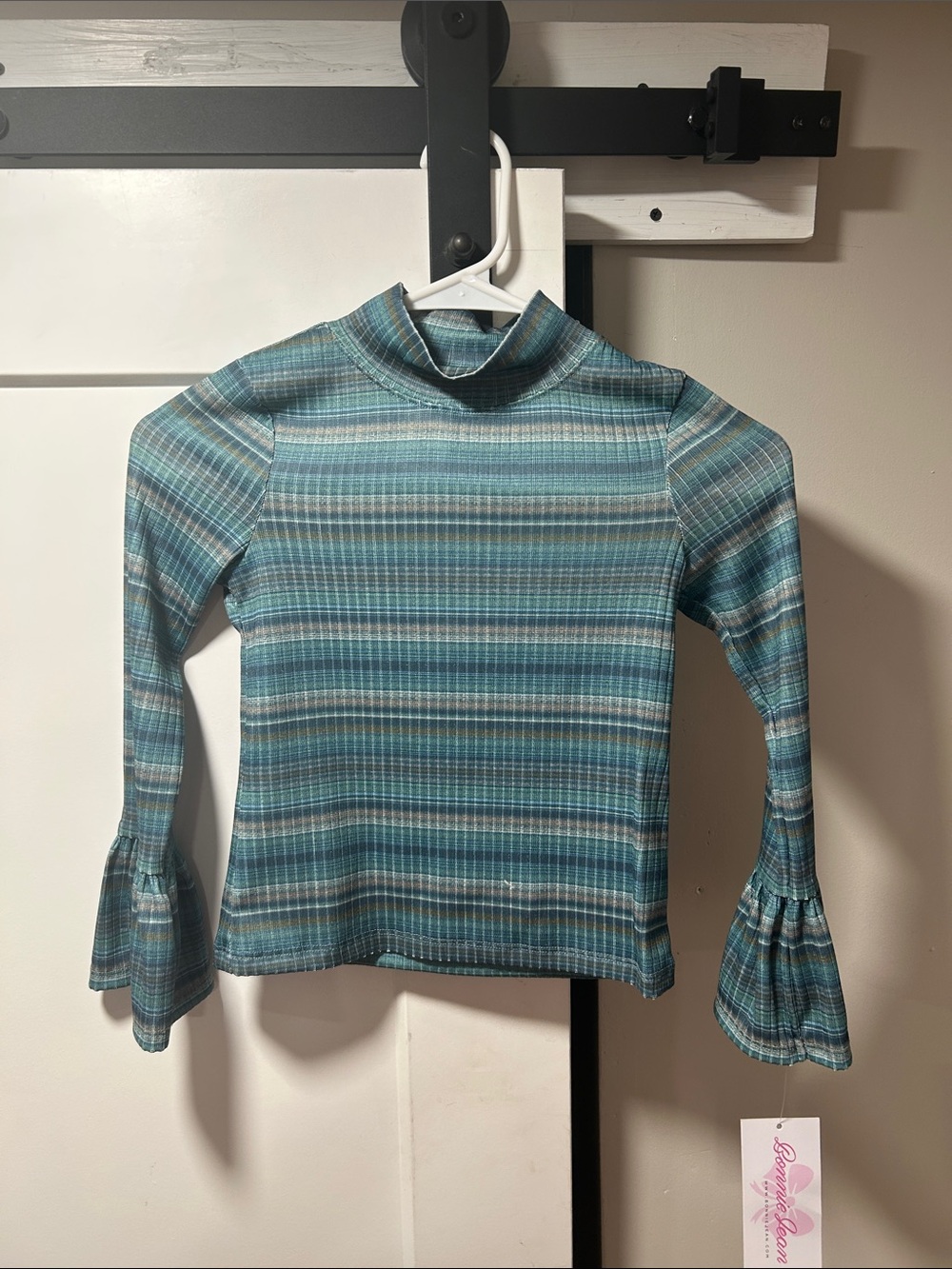Bonnie Jean Teal and Blue Striped Bell Sleeve Mock Neck Top